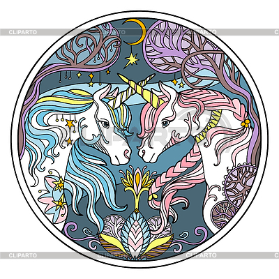 Dos unicornios redondos de color ornamental | Ilustración vectorial de stock |ID 7424282