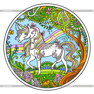 Unicornio blanco redondo de color ornamental | Ilustración vectorial de stock |ID 7424284