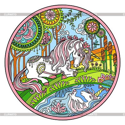 Einhorn am Flussufer verzierte Farbrunde | Stock Vektorgrafik |ID 7424286