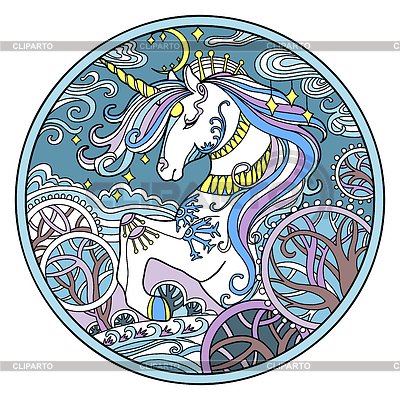 Unicornio de invierno redondo de color ornamental | Ilustración vectorial de stock |ID 7424288
