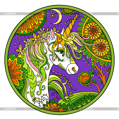 Unicornio de otoño redondo de color ornamental | Ilustración vectorial de stock |ID 7424290