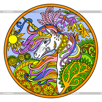 Einhorn und Blumen Zierfarbe rund | Stock Vektorgrafik |ID 7424296