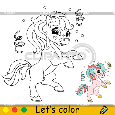Personaje de unicornio de dibujos animados para colorear para niños  | Ilustración vectorial de stock |ID 7426509