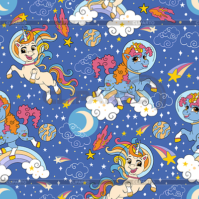 Patrón sin costuras con unicornios felices y estrellas en | Ilustración vectorial de stock |ID 7434476