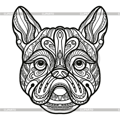 Página de libro para colorear con cabeza de perro bulldog francés | Ilustración vectorial de stock |ID 7454535