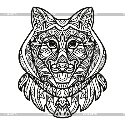 Página de libro para colorear con cabeza de perro husky siberiano | Ilustración vectorial de stock |ID 7454537