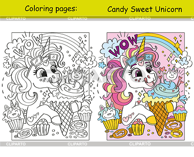 Funny unicorn eats ice cream coloring and template | Stock Vector Graphics |ID 7457509