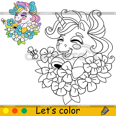 Página de libro para colorear para niños de unicornio de dibujos animados  | Ilustración vectorial de stock |ID 7492185