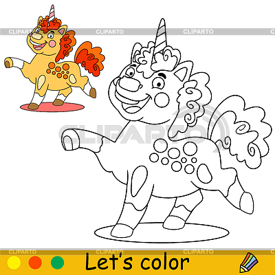 Página de libro para colorear para niños unicornio naranja de dibujos animados | Ilustración vectorial de stock |ID 7492758