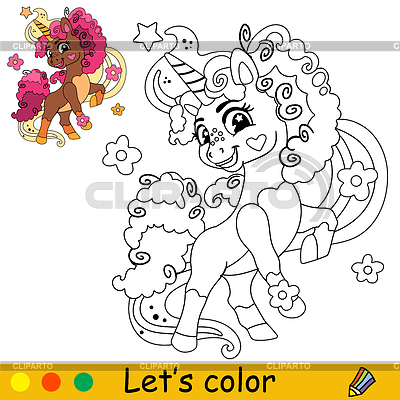 Unicornio de dibujos animados con flores página de libro para colorear para niños | Ilustración vectorial de stock |ID 7493349