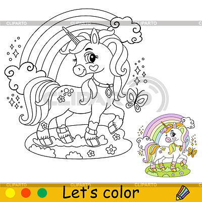 Unicornio de dibujos animados con página de libro para colorear de arco iris | Ilustración vectorial de stock |ID 7493351