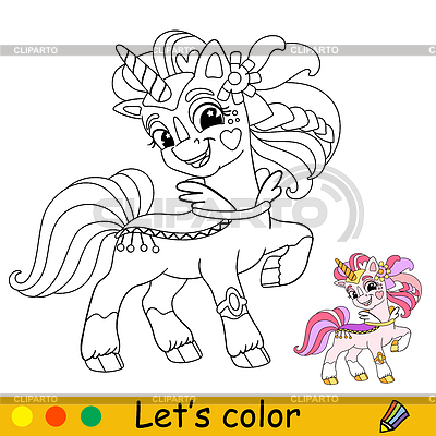 Página de libro para colorear para niños de unicornio de dibujos animados queen | Ilustración vectorial de stock |ID 7495973