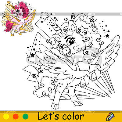 Página de libro para colorear para niños unicornio rizado de dibujos animados | Ilustración vectorial de stock |ID 7499496