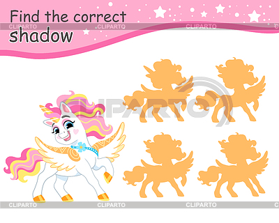 Encuentra la sombra correcta unicornio alado divertido | Ilustración vectorial de stock |ID 7503169
