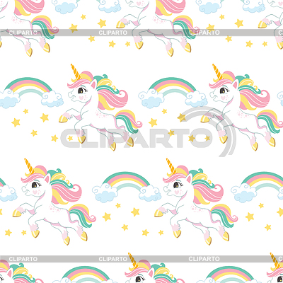 Unicornios y elementos de patrón sin costuras blanco | Ilustración vectorial de stock |ID 7506334