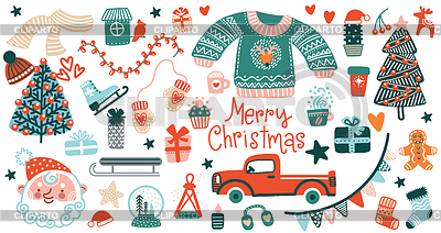 Conjunto de colección plana de elementos navideños | Ilustración vectorial de stock |ID 7507135