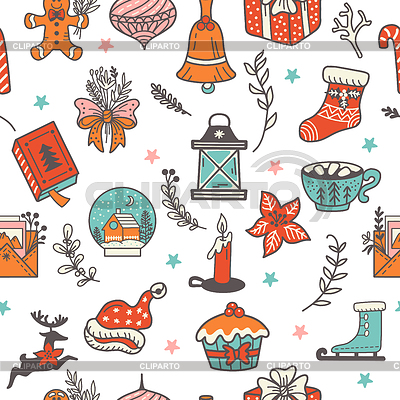 Patrón sin fisuras con elementos navideños en doodle | Ilustración vectorial de stock |ID 7508113