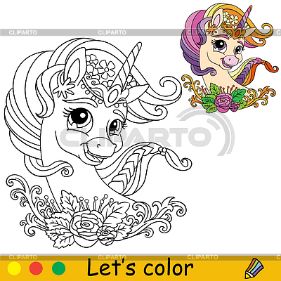 Colorear con plantilla de color soñando con cabeza de unicornio | Ilustración vectorial de stock |ID 7573468