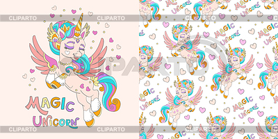 Unicornio con corazones y conjunto de patrones sin costuras | Ilustración vectorial de stock |ID 7580861