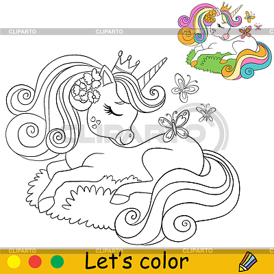 Colorear con plantilla de color lindo unicornio soñador | Ilustración vectorial de stock |ID 7581715
