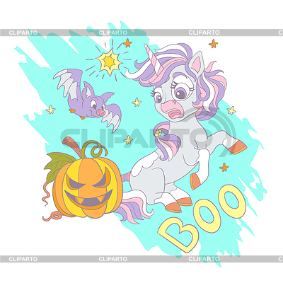 Halloween erschrockenes Einhorn und Beschriftungskarte | Stock Vektorgrafik |ID 7602369
