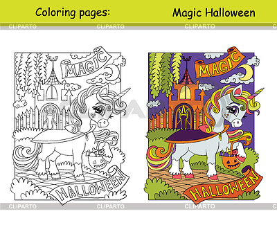 Colorear de Halloween con muestra de color bruja unicornio | Ilustración vectorial de stock |ID 7604834