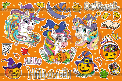 Conjunto de unicornios de Halloween brujas y elementos | Ilustración vectorial de stock |ID 7605428