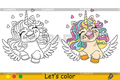 Colorear lindo bebé soñando unicornio con alas | Ilustración vectorial de stock |ID 7605466