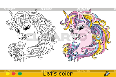Colorear lindo retrato de unicornio soñando | Ilustración vectorial de stock |ID 7605478