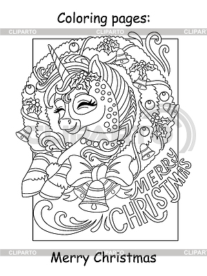 Unicornio lindo para colorear de Navidad para niños en Navidad | Ilustración vectorial de stock |ID 7605959