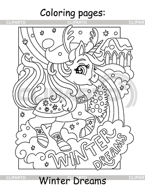 Unicornio lindo para colorear de Navidad para niños con | Ilustración vectorial de stock |ID 7605963