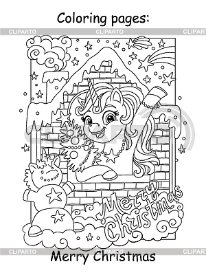 Unicornio lindo para colorear de Navidad para niños en casa | Ilustración vectorial de stock |ID 7605965