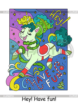 Unicornio alegre lindo de la Navidad | Ilustración vectorial de stock |ID 7605973
