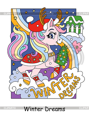Unicornio lindo de la Navidad con el árbol de Navidad | Ilustración vectorial de stock |ID 7605987