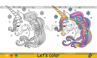 Niños coloreando lindo retrato de unicornio de invierno | Ilustración vectorial de stock |ID 7606704