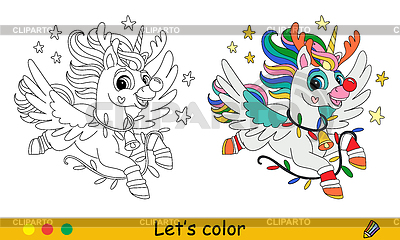 Unicornio lindo con alas para colorear de Navidad para niños | Ilustración vectorial de stock |ID 7606708