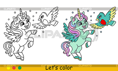 Niños coloreando lindo unicornio de invierno con pájaro | Ilustración vectorial de stock |ID 7606712