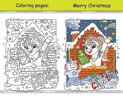 Muestra de colorear y colorear para niños unicornio lindo en | Ilustración vectorial de stock |ID 7611040