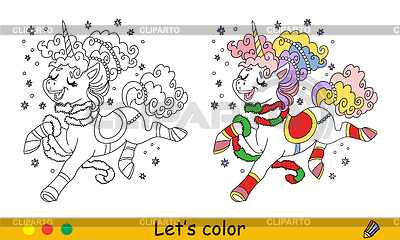 Colorear de Navidad para niños lindo unicornio saltarín alegre | Ilustración vectorial de stock |ID 7611813