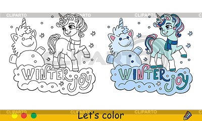 Unicornio lindo y muñeco de nieve para colorear de Navidad para niños | Ilustración vectorial de stock |ID 7611817