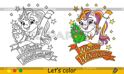 Unicornio lindo para colorear de Navidad para niños con | Ilustración vectorial de stock |ID 7611825