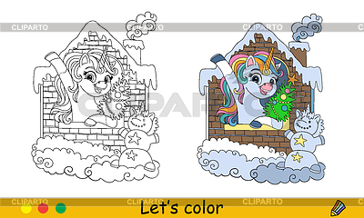 Unicornio lindo para colorear de Navidad para niños en una casa acogedora | Ilustración vectorial de stock |ID 7611829