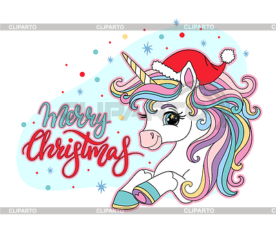 Unicornio de Navidad y letras tarjeta de feliz Navidad | Ilustración vectorial de stock |ID 7612068