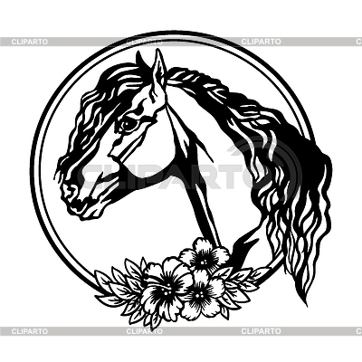 Caballo con melena larga y flores en círculo. | Ilustración vectorial de stock |ID 7618542