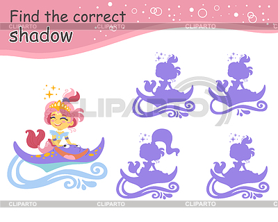 Juego para niños encuentra la sirena linda de la sombra correcta | Ilustración vectorial de stock |ID 7647898