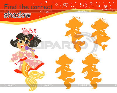 Juego para niños encuentra la sirena de dibujos animados de sombra correcta | Ilustración vectorial de stock |ID 7647902