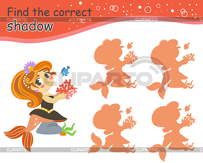 Juego para niños encuentra la sirena de dibujos animados de silueta correcta | Ilustración vectorial de stock |ID 7647904