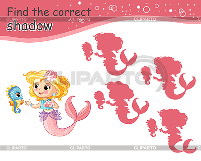 Juego para niños encuentra la sirena de dibujos animados linda sombra correcta | Ilustración vectorial de stock |ID 7647906