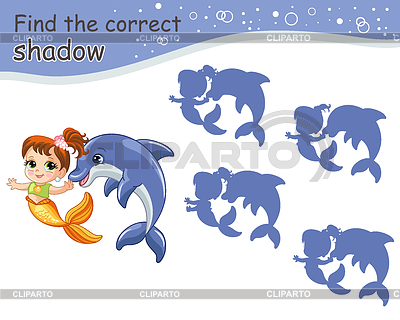Juego para niños encuentra la sirena de dibujos animados de sombra correcta | Ilustración vectorial de stock |ID 7647908